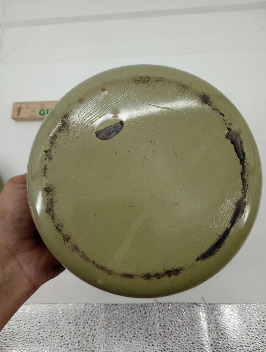 Vtg Avocado Green Enamelware Teapot Wire Bale Wood Handle  Farmhouse Primitive