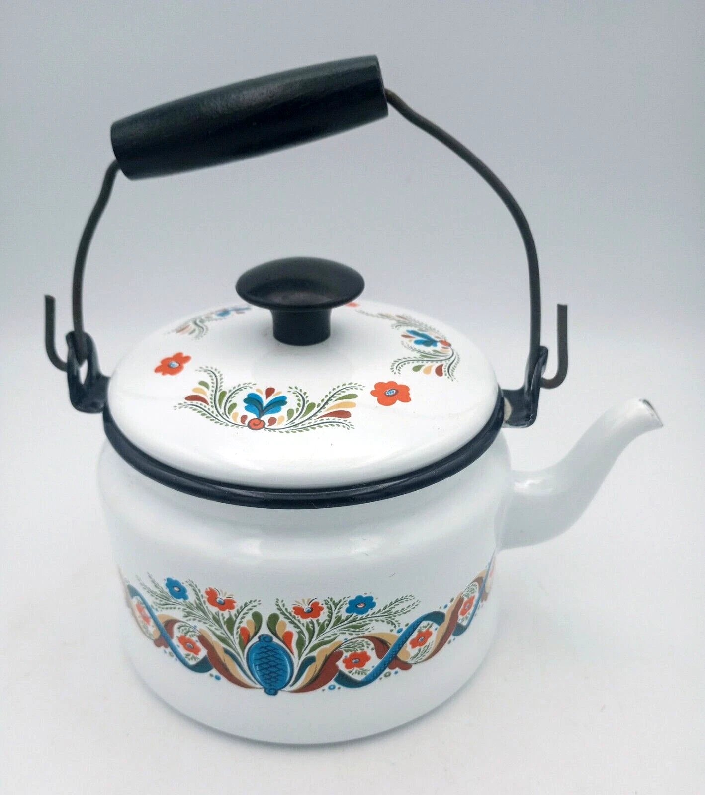Vintage Berggren Swedish Folk Art  Enamelware Floral Handled Tea Pot Tea Kettle