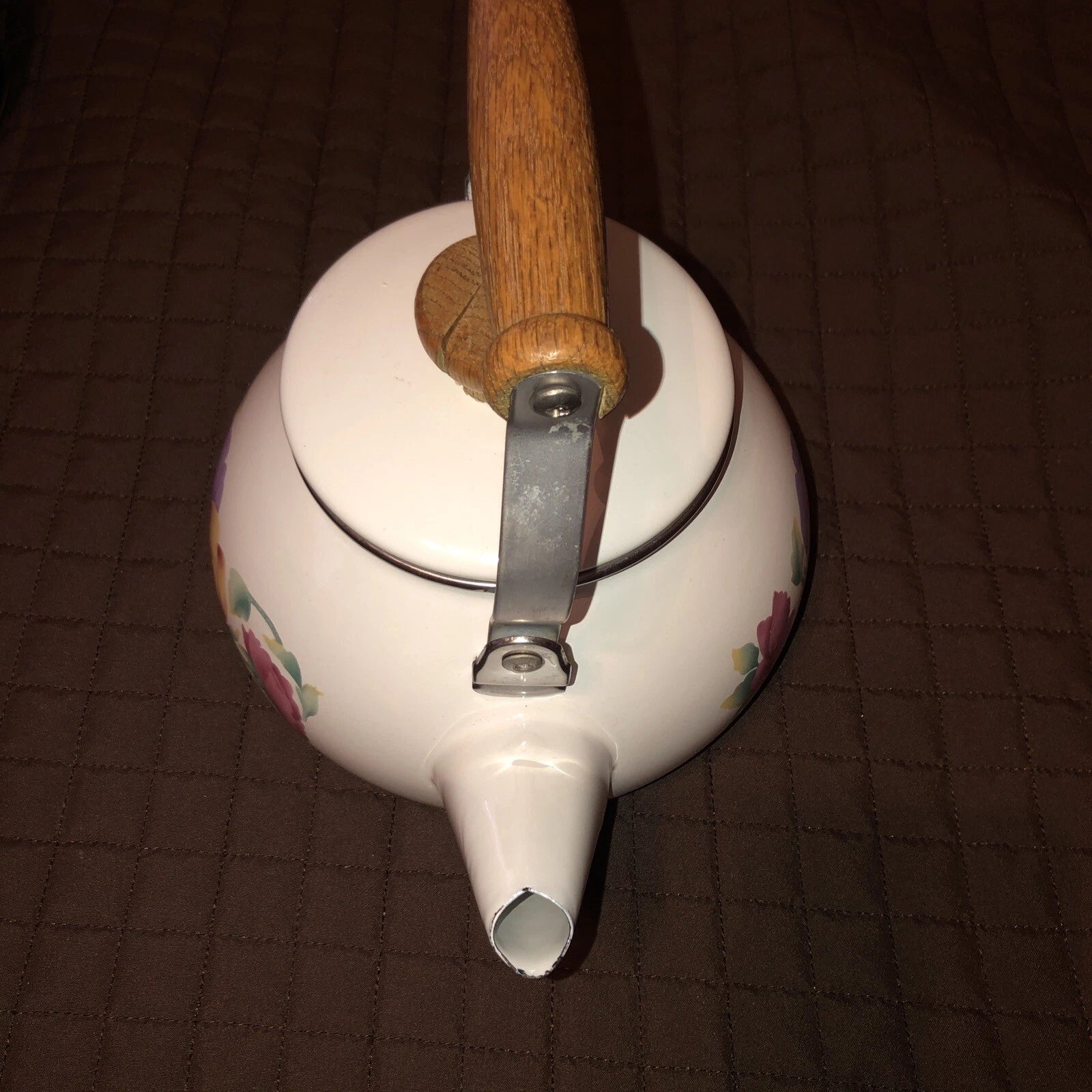 Vintage Enamel Lincoware Tea Pot Kettle White Flowers Pattern Wood  Handles RARE