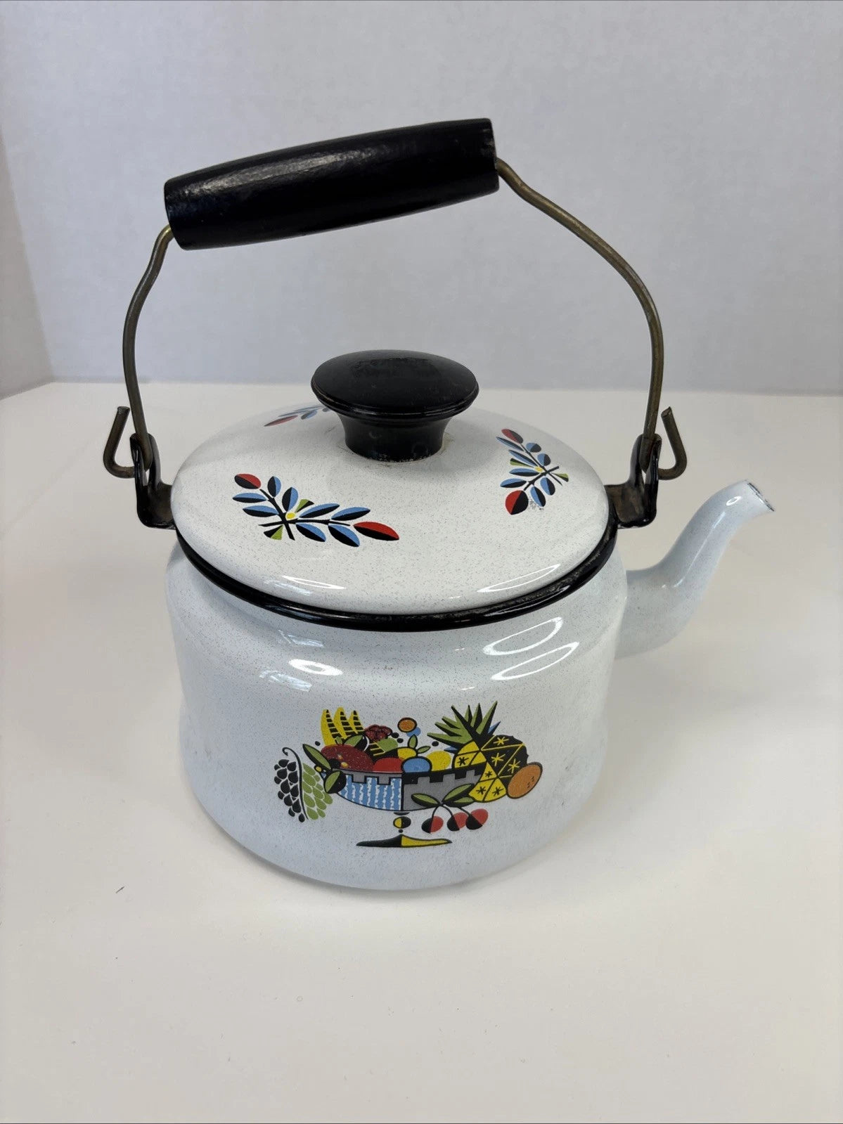 VTG White ENAMEL TEA KETTLE Colorful Fruit Bowl Decoration Wire & Wood Handle