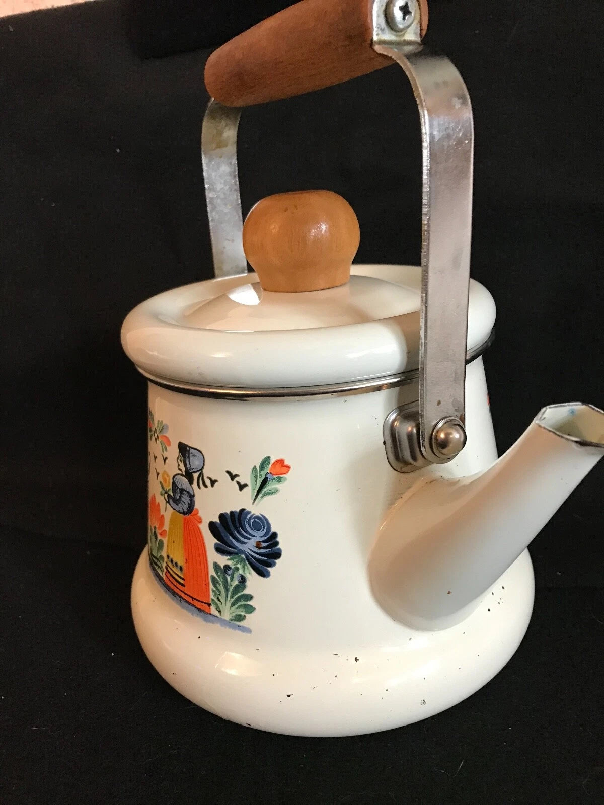 Unusual Quimper Enamel Tea Kettle,Tea Pot  French Peasants, Wood & Metal Handle