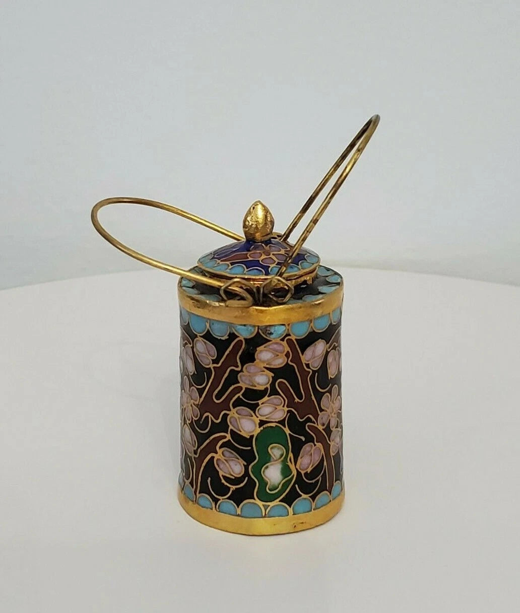 VTG CHINESE CLOISONNE BRASS AND ENAMEL BLACK MINIATURE TEAPOT