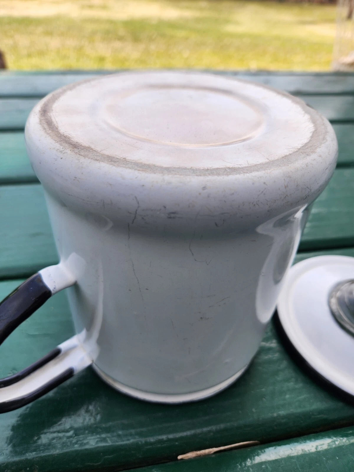 Vintage White Enamelware Kettle, Coffee Pot w/Glass Top w/lids & Flowery Bowl