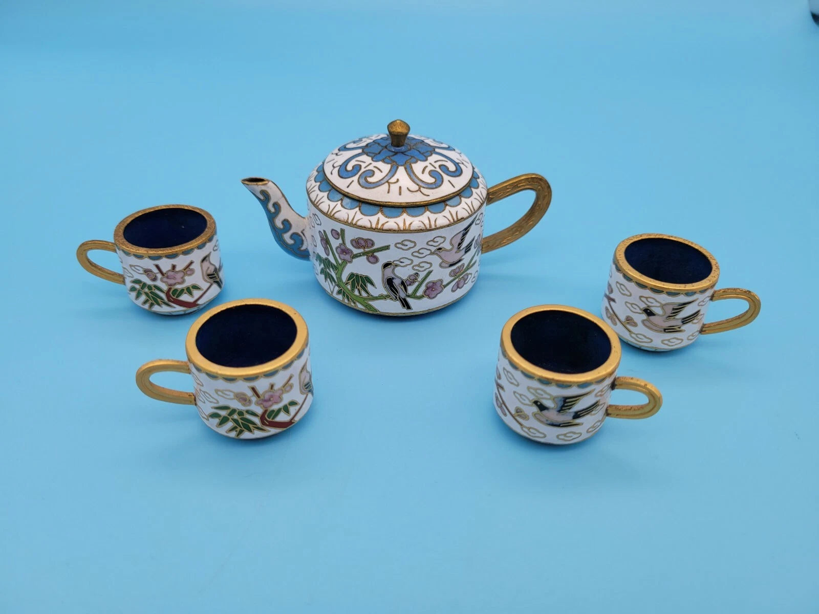Vintage Chinese Brass Cloisonne/Enamel Miniature Teapot & Cups Flowers Bird Tree