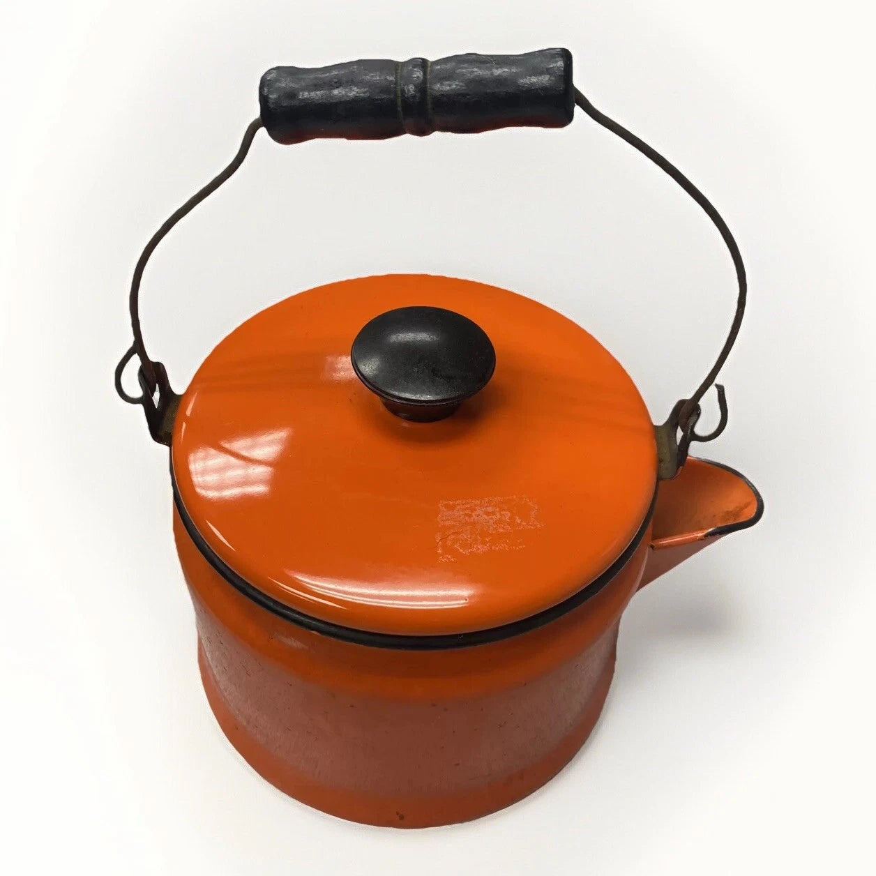 Vintage 1940s Orange Enamel Tea Kettle with wood handle Matching Lid 7”
