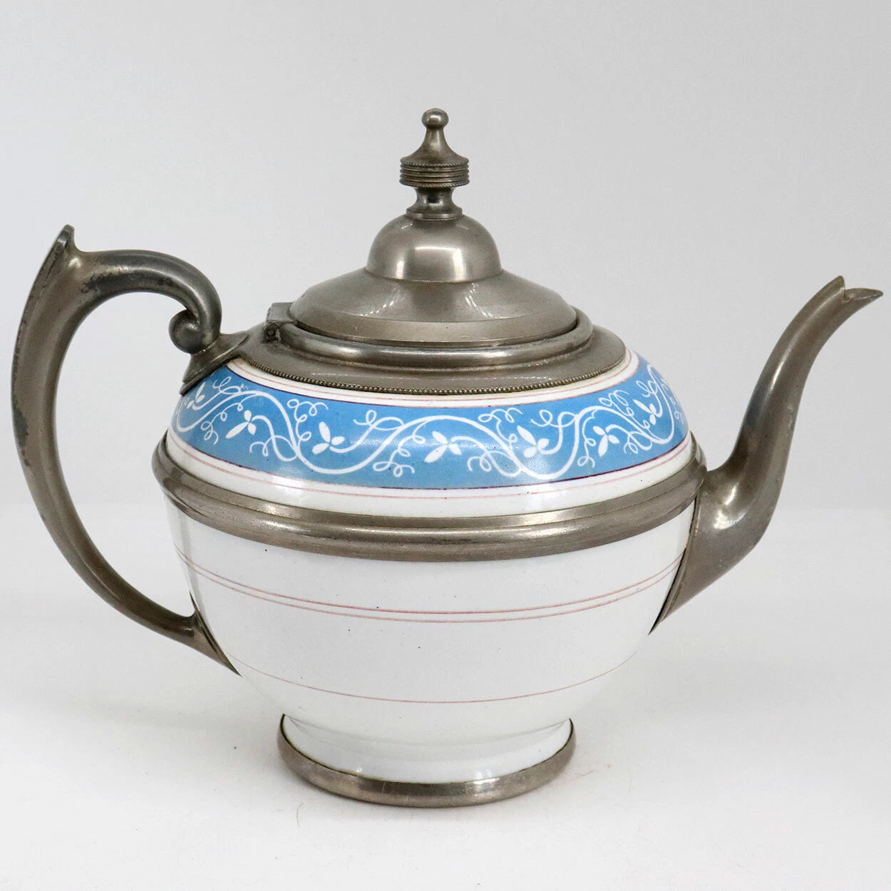 Antique American Manning, Bowman & Co. Pewter & Enamel Teapot c. 1880