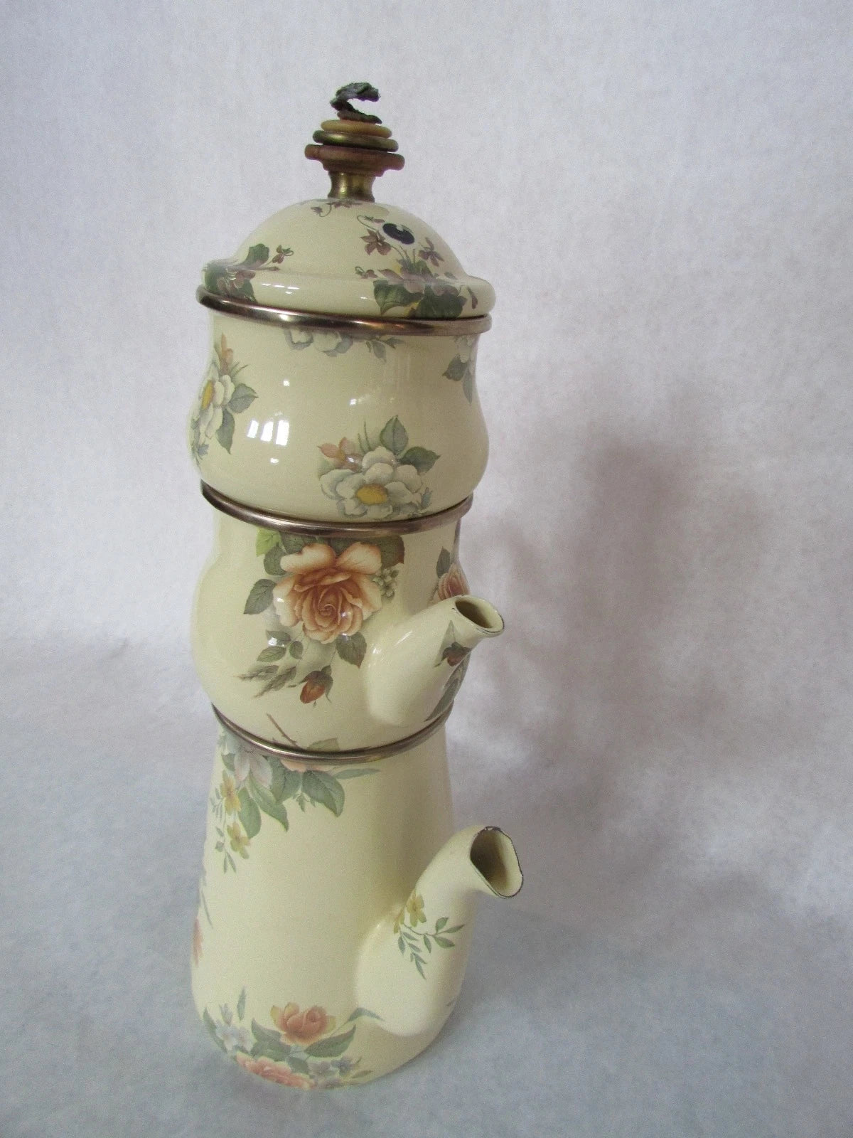 MacKenzie Childs Stacked Camp Yellow Roses Enamel Teapot Cream & Sugar 1995