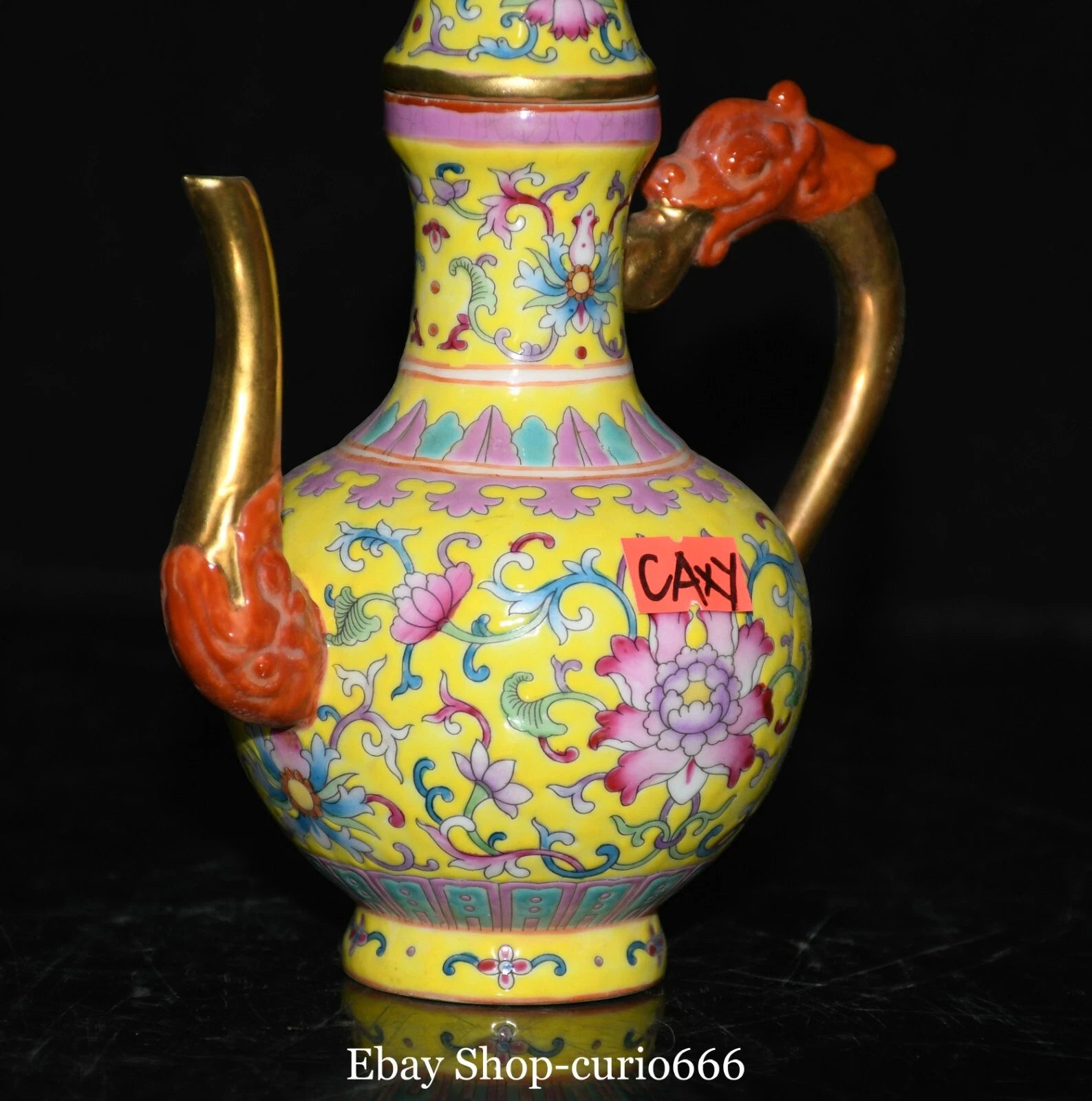 7'' Qianlong Colour Enamel Porcelain Gold Flower Dragon Loong Beast Kettle Pot