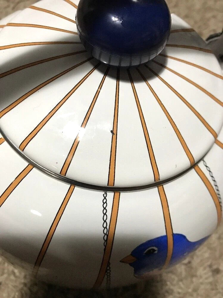 VINTAGE WHITE ENAMEL COFFEE POT Robin/ Blue Bird In A Cage