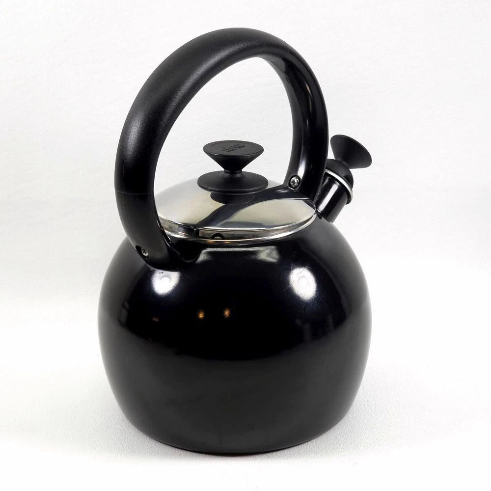 Copco Whistling Teapot Tea Kettle Pot Onyx Black Enamel With Handle and Lid EUC