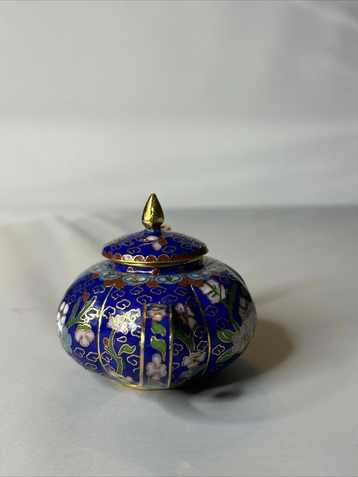 Vintage Cloisonne Blue Floral Enamel on Metal Miniature Teapot