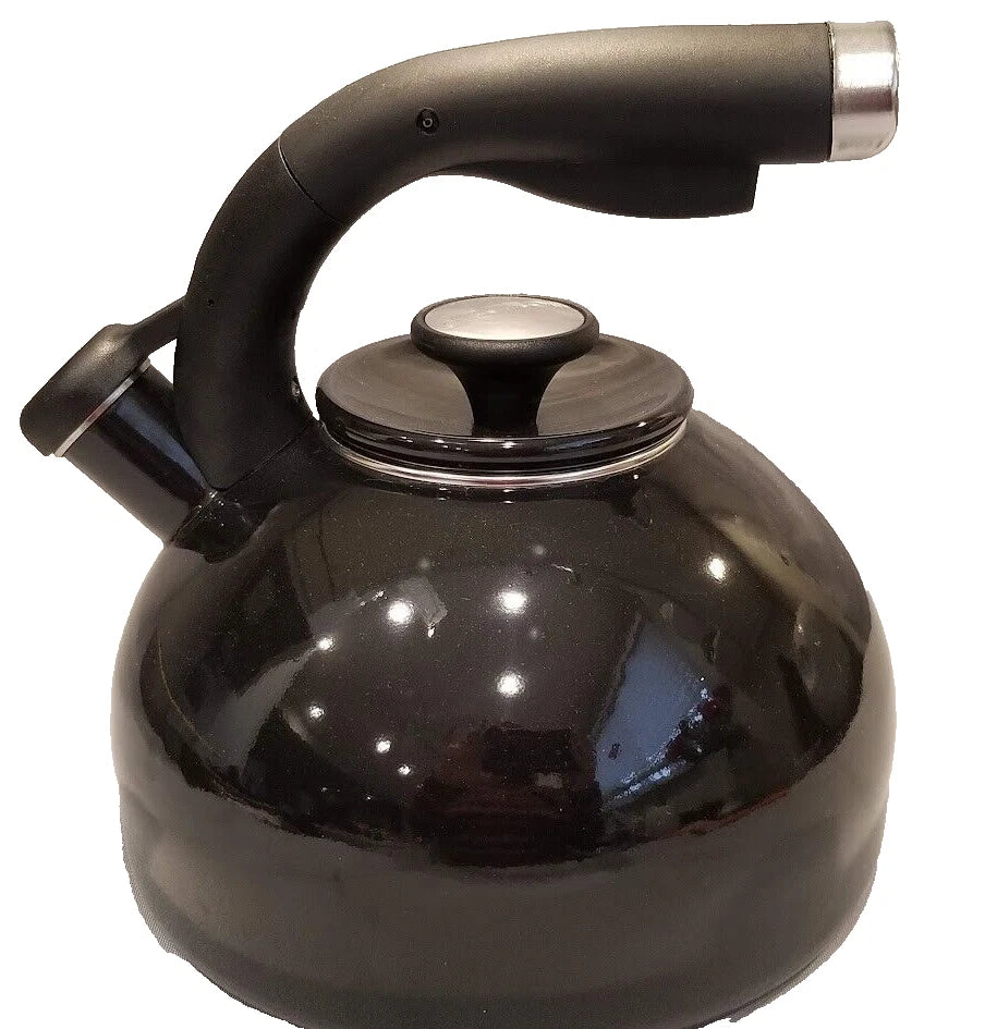 Circulon Whistling Tea Pot Kettle Black Enamel 2 Quart Lid Flip Spout Steel *
