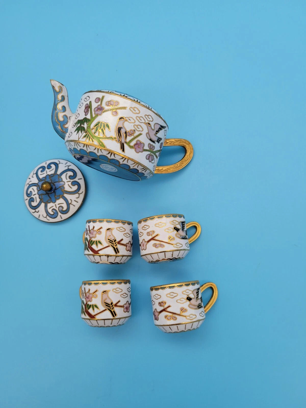 Vintage Chinese Brass Cloisonne/Enamel Miniature Teapot & Cups Flowers Bird Tree