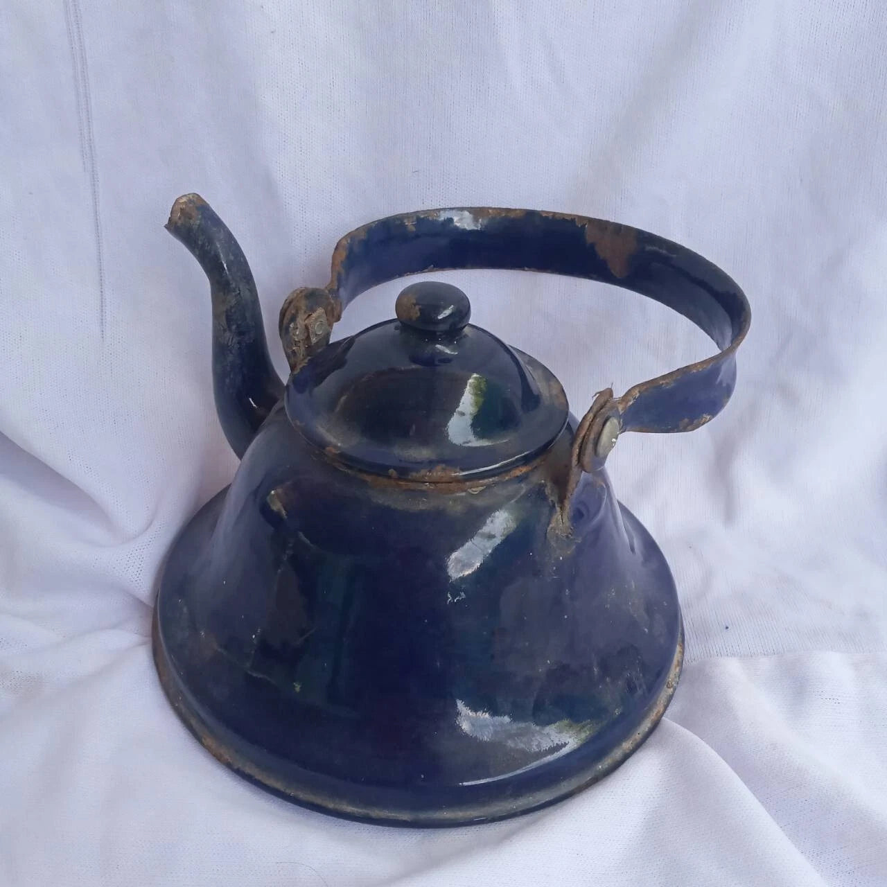 Classic enamel old Water kettle Czechoslovakia Rare collectible dark blue 14 cm.