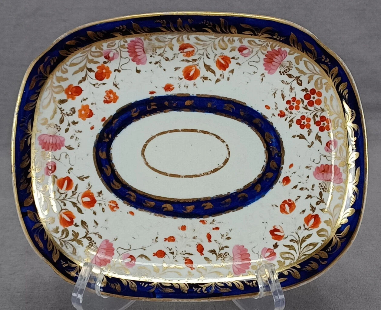 British Hand Painted Pink Red Gold Floral Cobalt Teapot Stand C.1810-1815