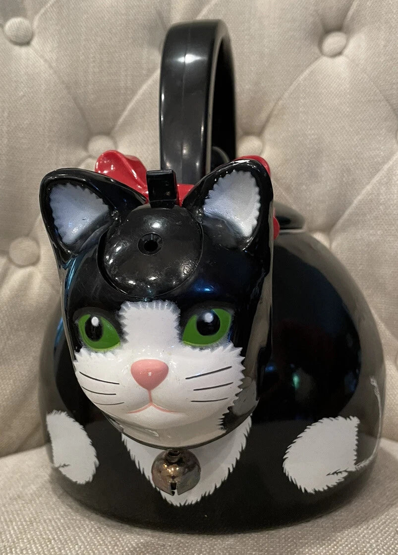 Black Cat Teapot ~ Whistling Kitty Tea Kettle ~ Baked Enamel ~ Ancona ~ Vintage