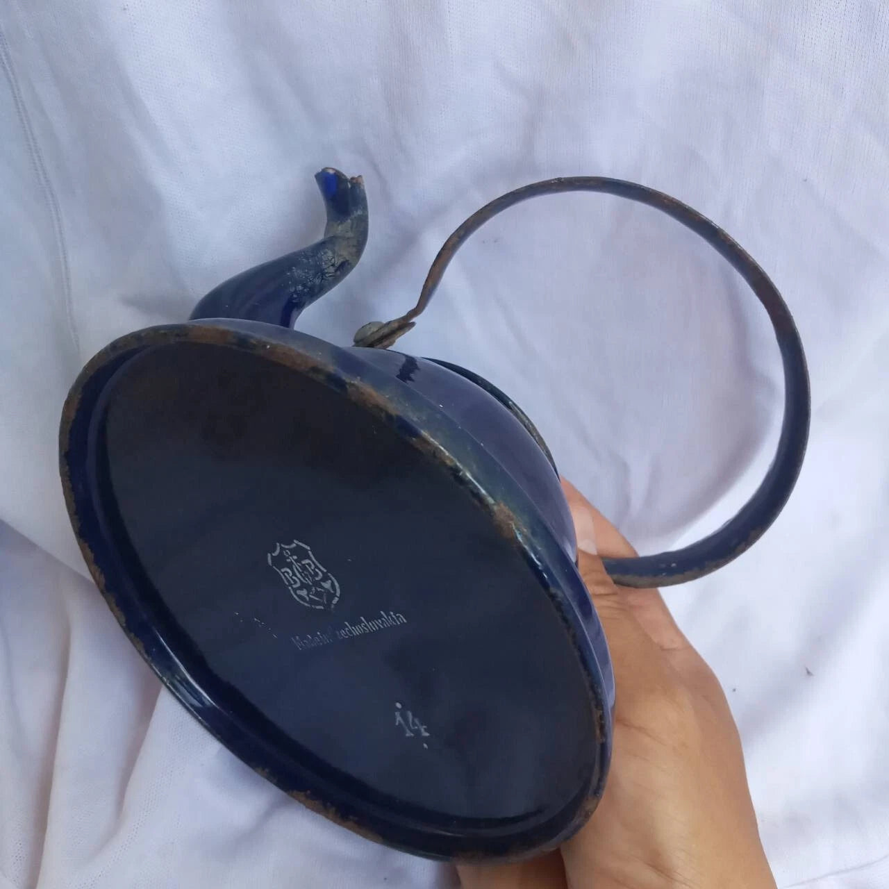 Classic enamel old Water kettle Czechoslovakia Rare collectible dark blue 14 cm.