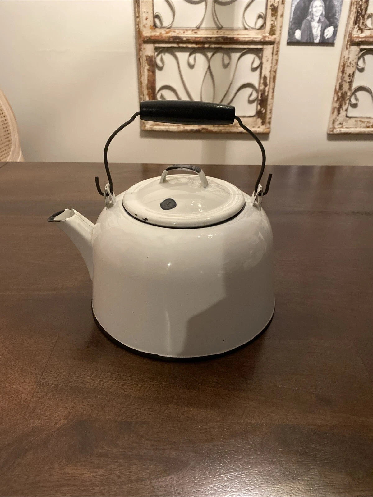 Vintage Enamelware White Tea Pot Kettle/Planter With Wood Handle