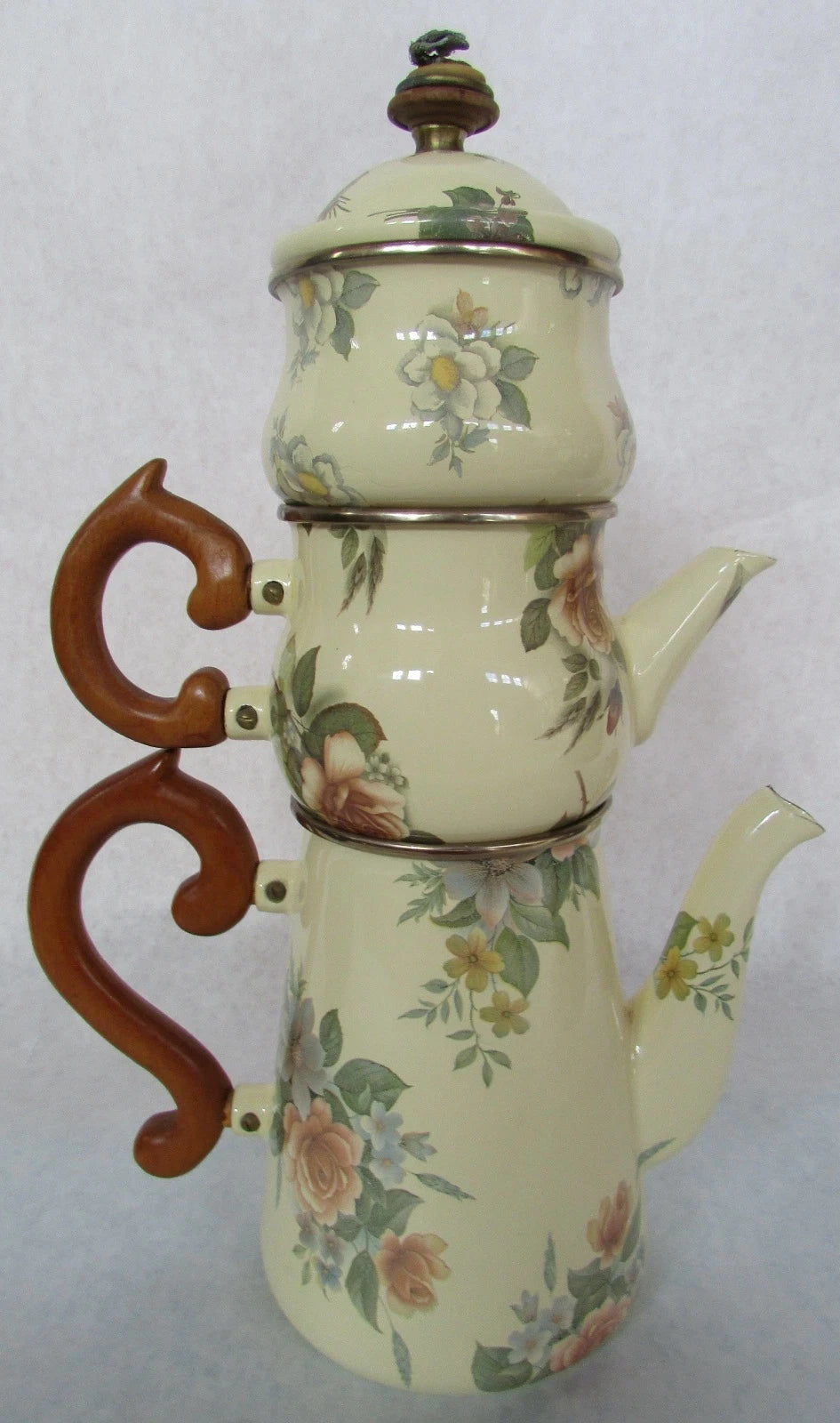 MacKenzie Childs Stacked Camp Yellow Roses Enamel Teapot Cream & Sugar 1995