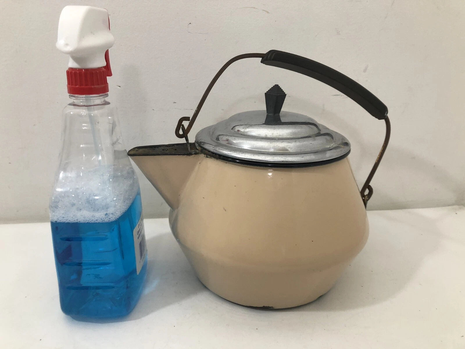 Kettle Tea Pot Vintage Enamel Farm Sloped Handle MCM for Decor Only Tan