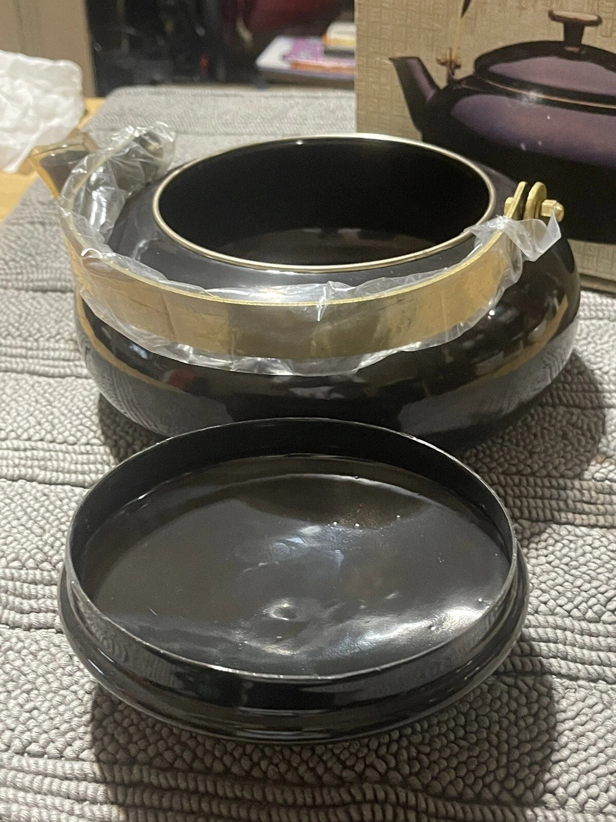 Vintage Eppicure Essentials Black Enamel Tea Kettle Brass Handle  Modern MCM New