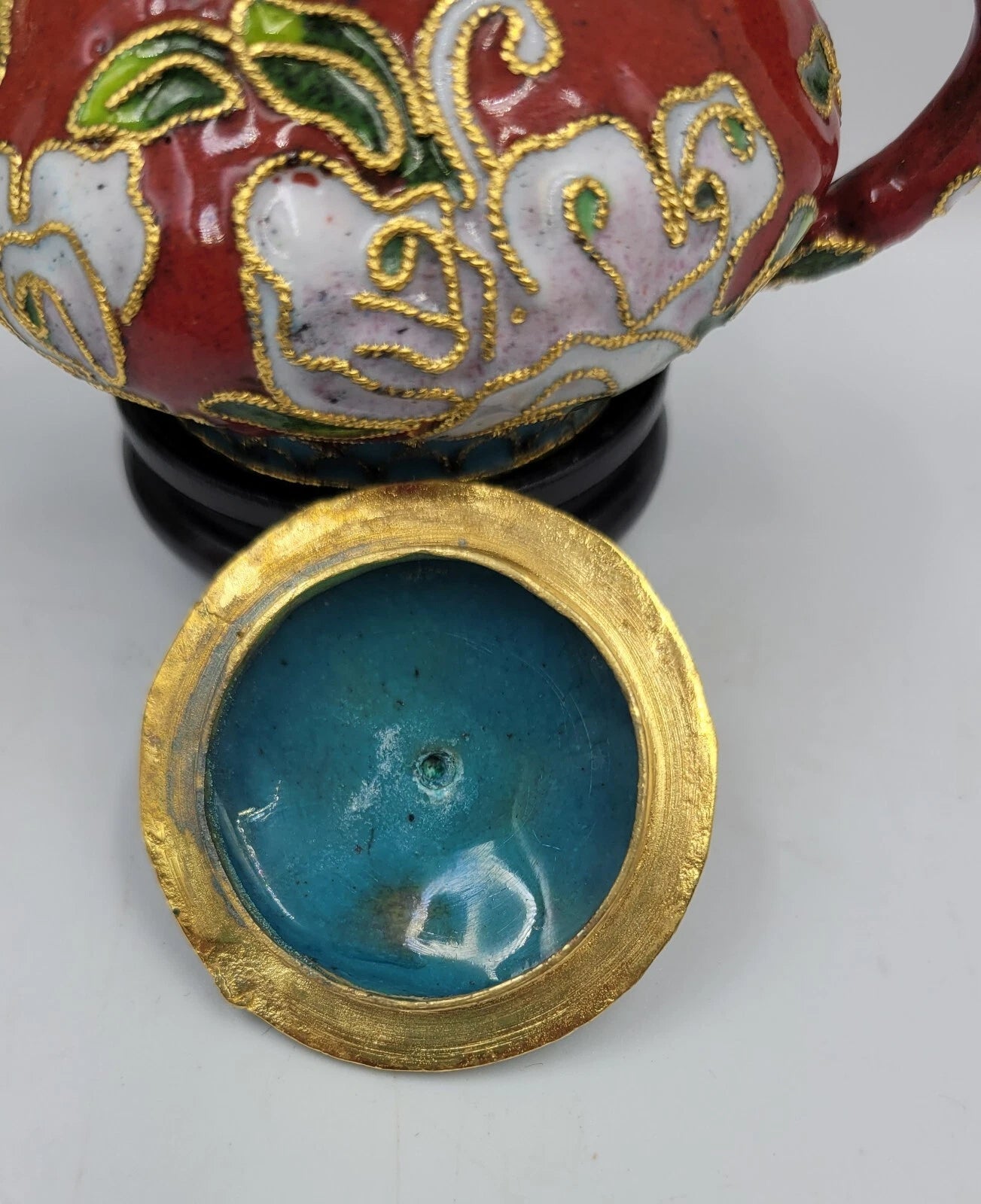 Chinese Enamel Cloisonné Miniature Teapot w/Box And Wood Stand Vintage
