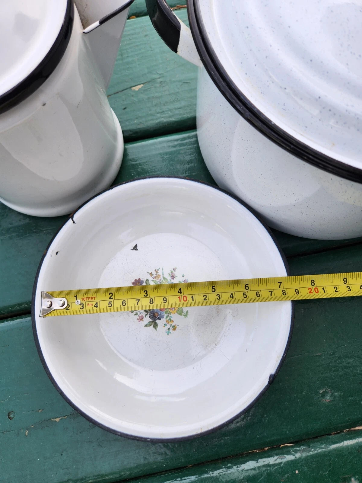 Vintage White Enamelware Kettle, Coffee Pot w/Glass Top w/lids & Flowery Bowl