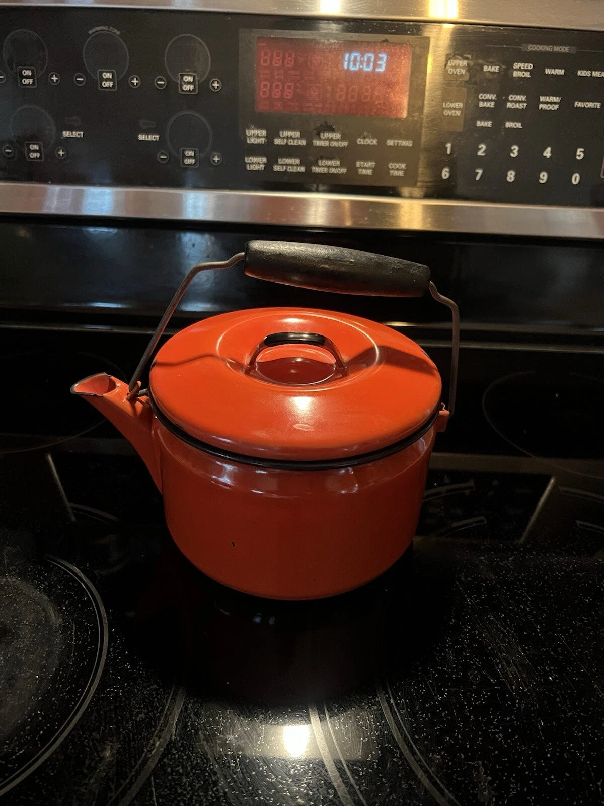Vintage Antique Enamel Orange Tea Kettle.