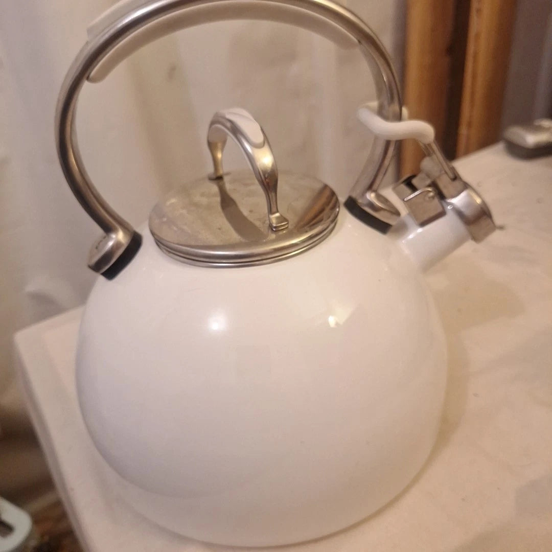 Kitchen Aid Enamel Whistling Tea Kettle Teapot White Chrome Trim 2Qt White Handl