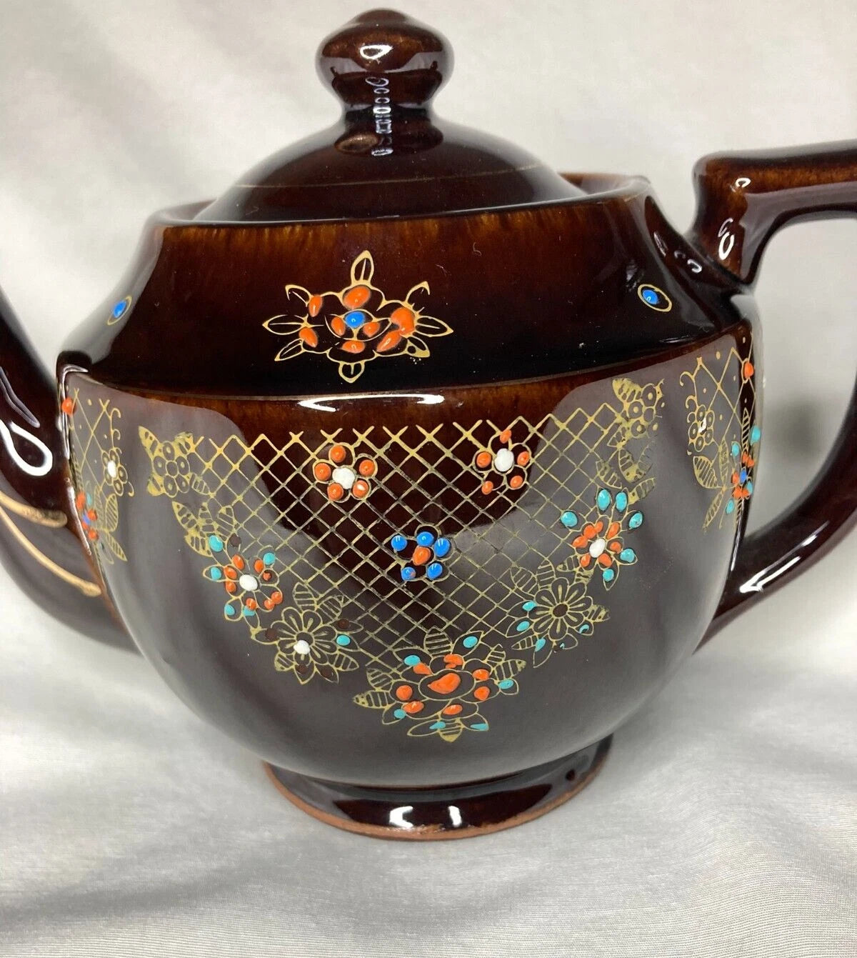 Vintage Brown Teapot Japan Moriage Enamel Dots Lattice Gold Trim 8"