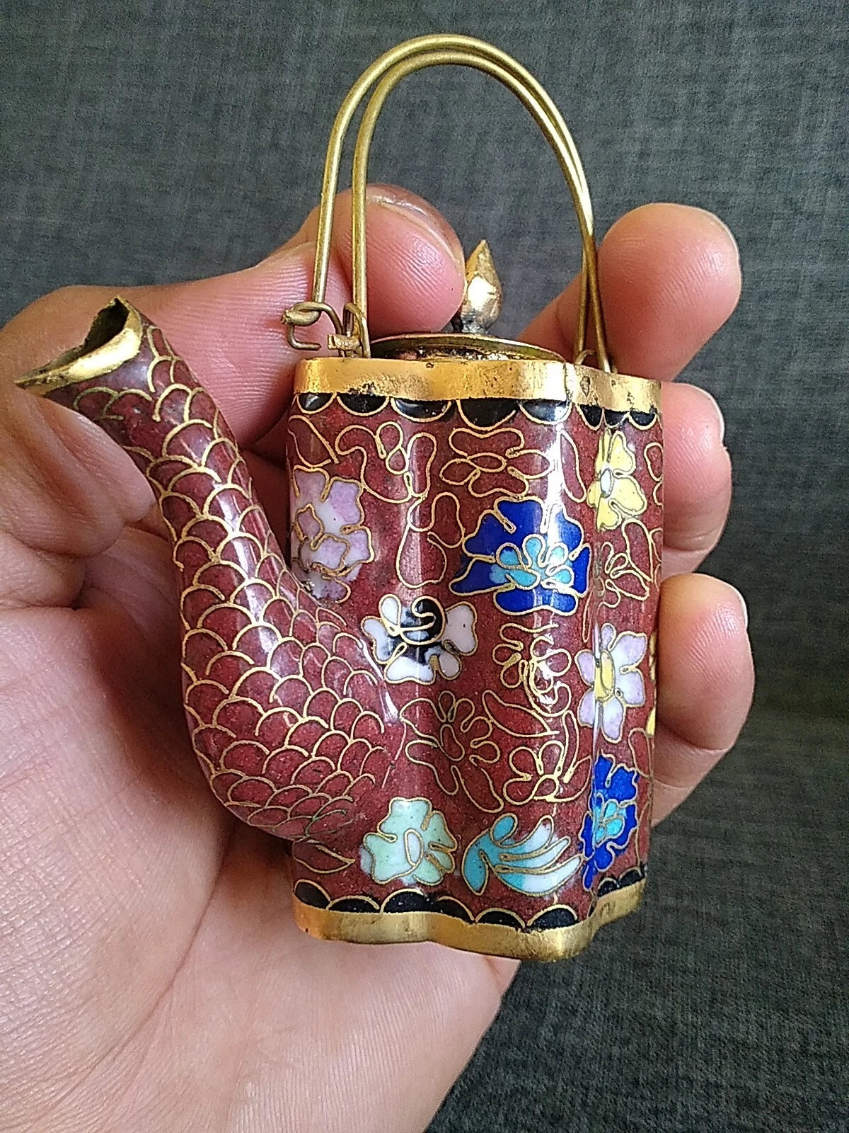 VTG CHINESE CLOISONNE BRASS AND ENAMEL BROWN  MINIATURE TEAPOT