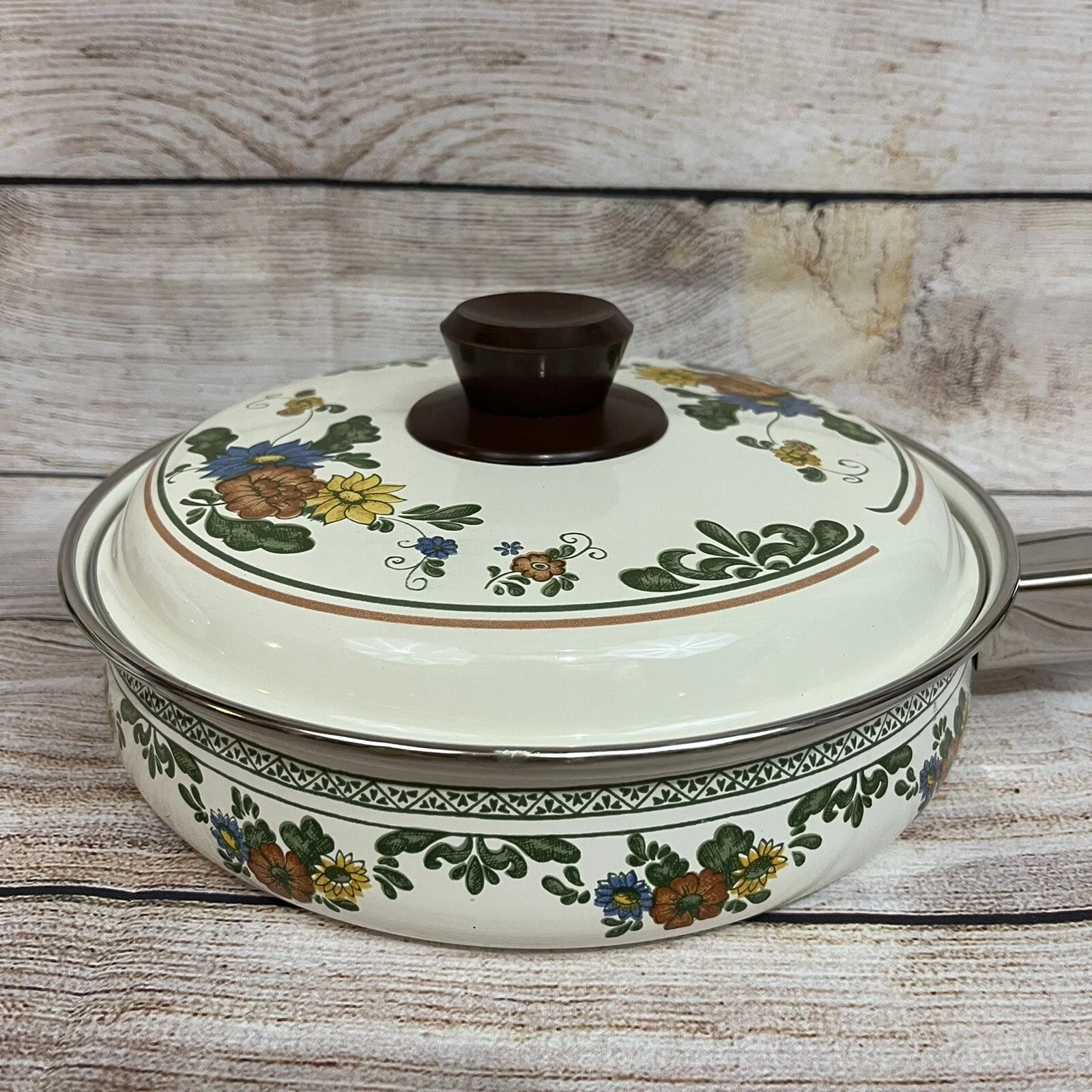 Vtg Enamelware Cookware Pans Tea Kettle 7-piece Set Mid Century European Design