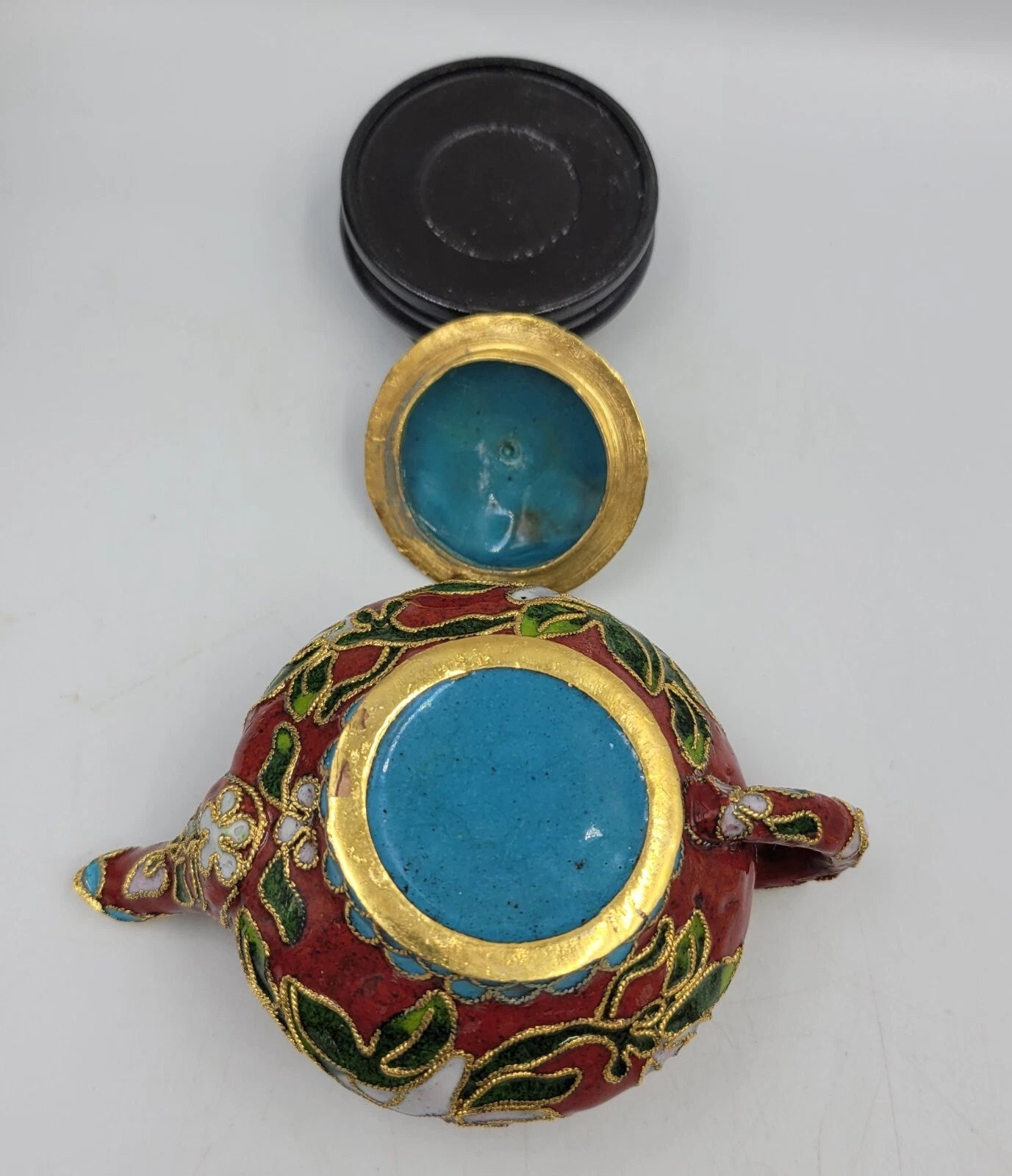 Chinese Enamel Cloisonné Miniature Teapot w/Box And Wood Stand Vintage