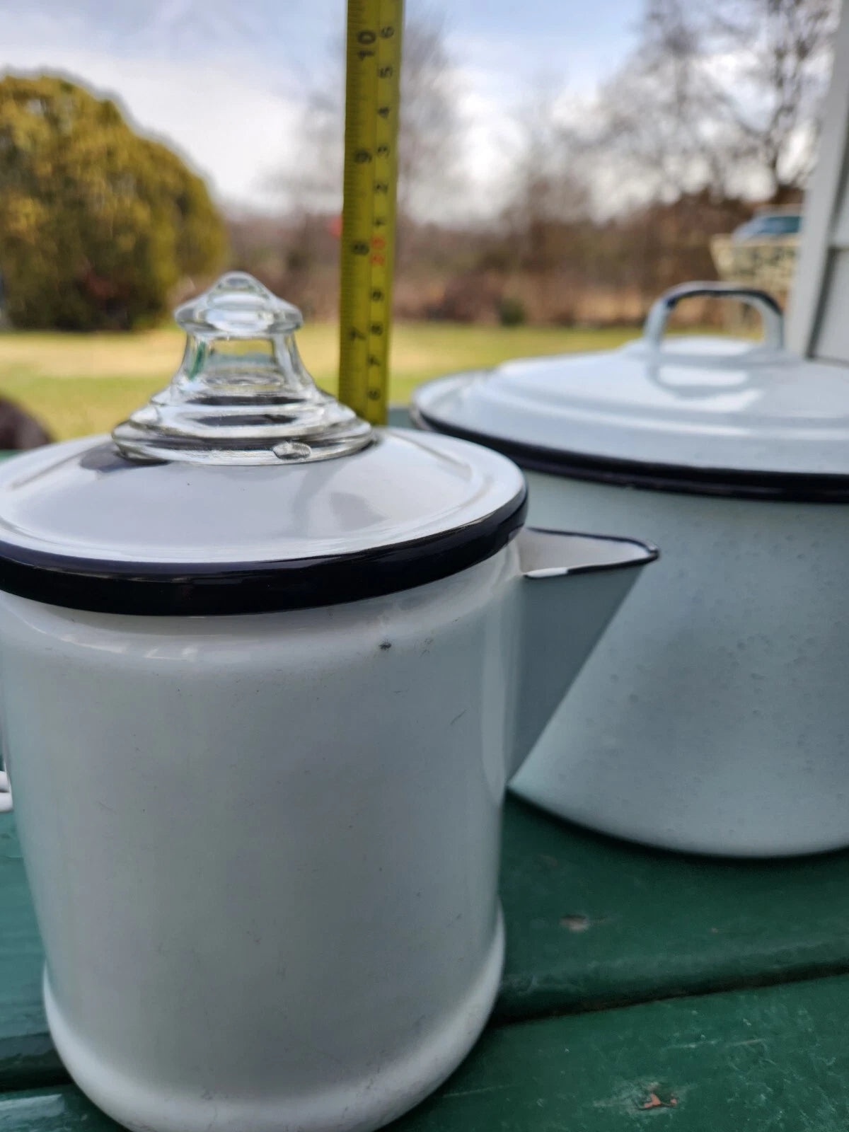 Vintage White Enamelware Kettle, Coffee Pot w/Glass Top w/lids & Flowery Bowl