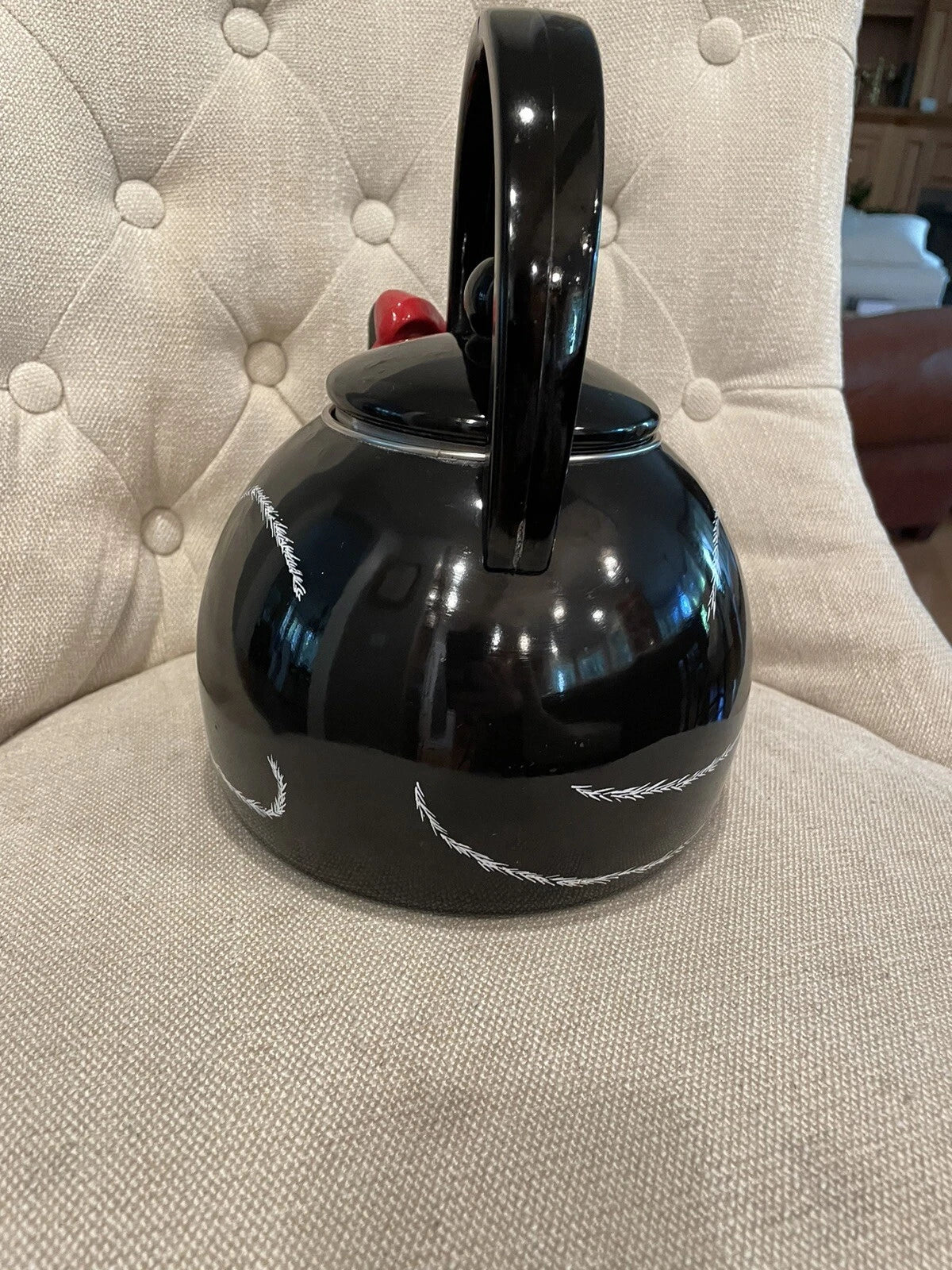 Black Cat Teapot ~ Whistling Kitty Tea Kettle ~ Baked Enamel ~ Ancona ~ Vintage