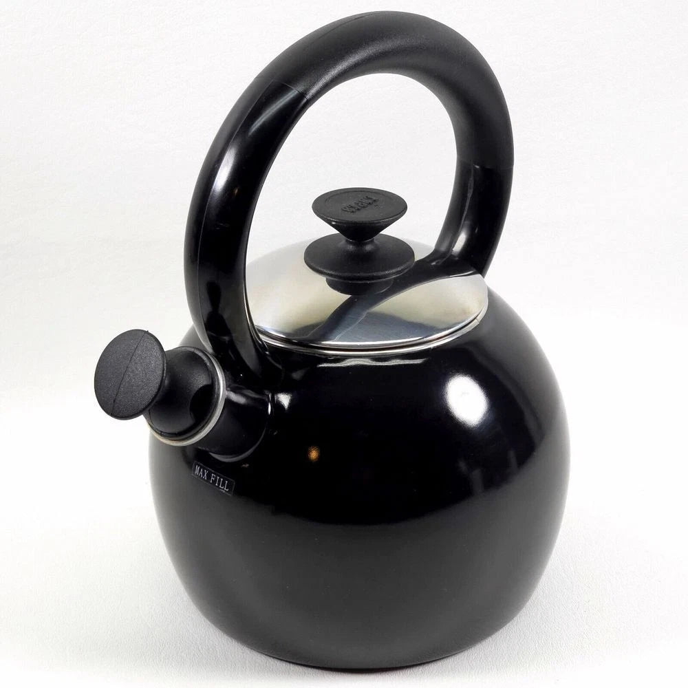 Copco Whistling Teapot Tea Kettle Pot Onyx Black Enamel With Handle and Lid EUC