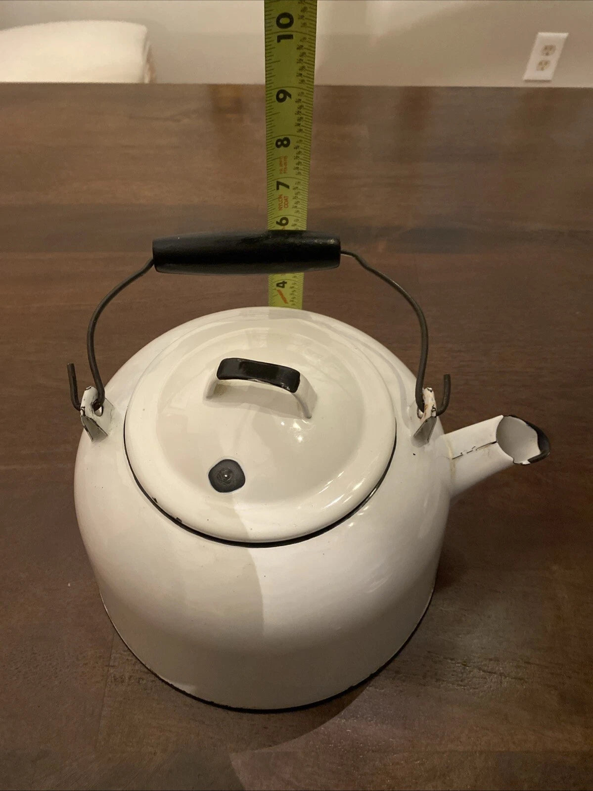 Vintage Enamelware White Tea Pot Kettle/Planter With Wood Handle