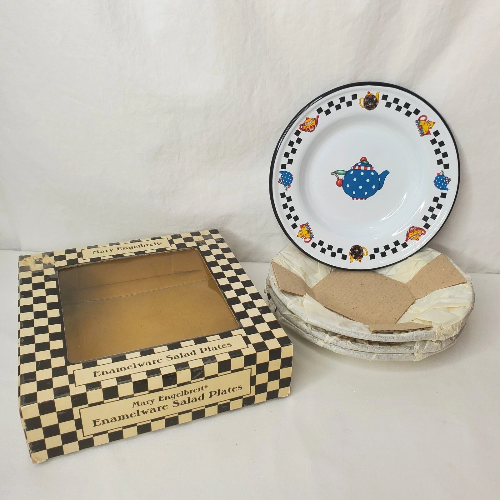 Vtg Mary Engelbreit Enamel Teapot Plate Set 4 Salad Dessert Plates Box New