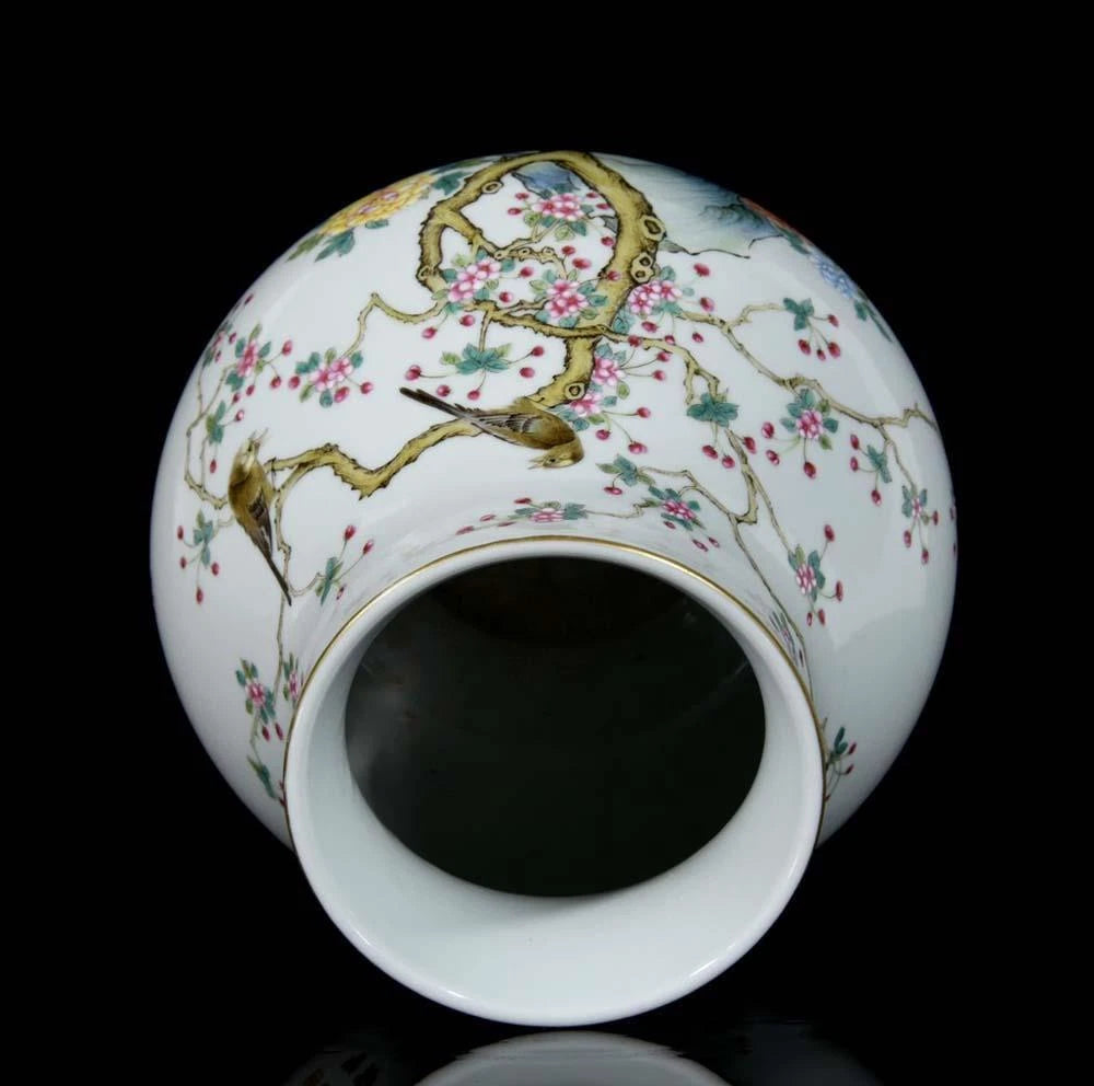 24CM Qianlong Signed Old Chinese Colour Enamel Vase W/bird N3729