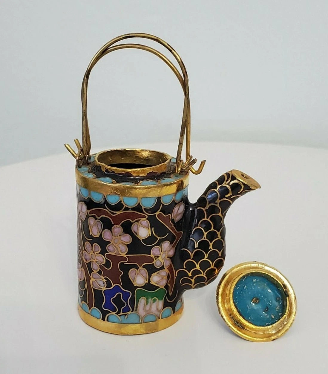 VTG CHINESE CLOISONNE BRASS AND ENAMEL BLACK MINIATURE TEAPOT