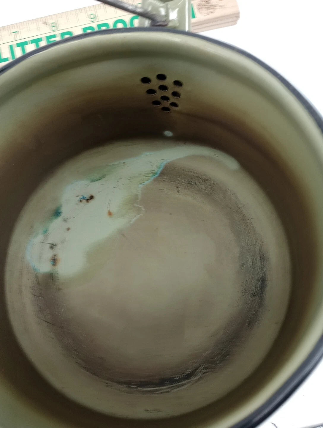 Vtg Avocado Green Enamelware Teapot Wire Bale Wood Handle  Farmhouse Primitive