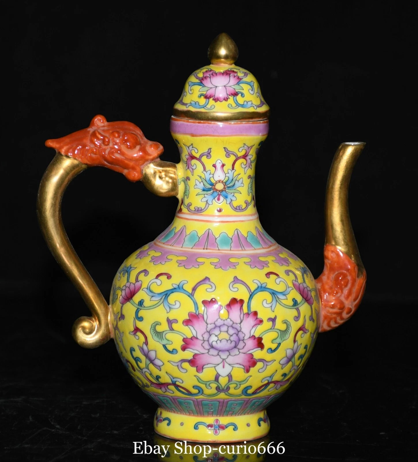 7'' Qianlong Colour Enamel Porcelain Gold Flower Dragon Loong Beast Kettle Pot