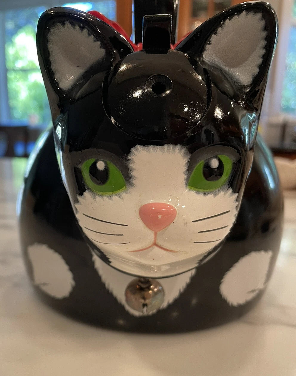 Black Cat Teapot ~ Whistling Kitty Tea Kettle ~ Baked Enamel ~ Ancona ~ Vintage