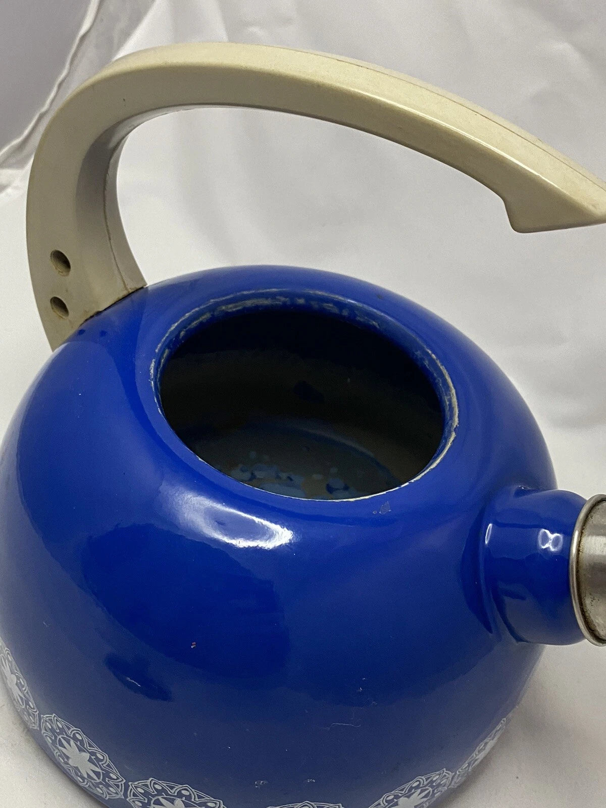 Retro 60s / 70s Blue Enamel Circle Star pattern tea kettle Stains Inside