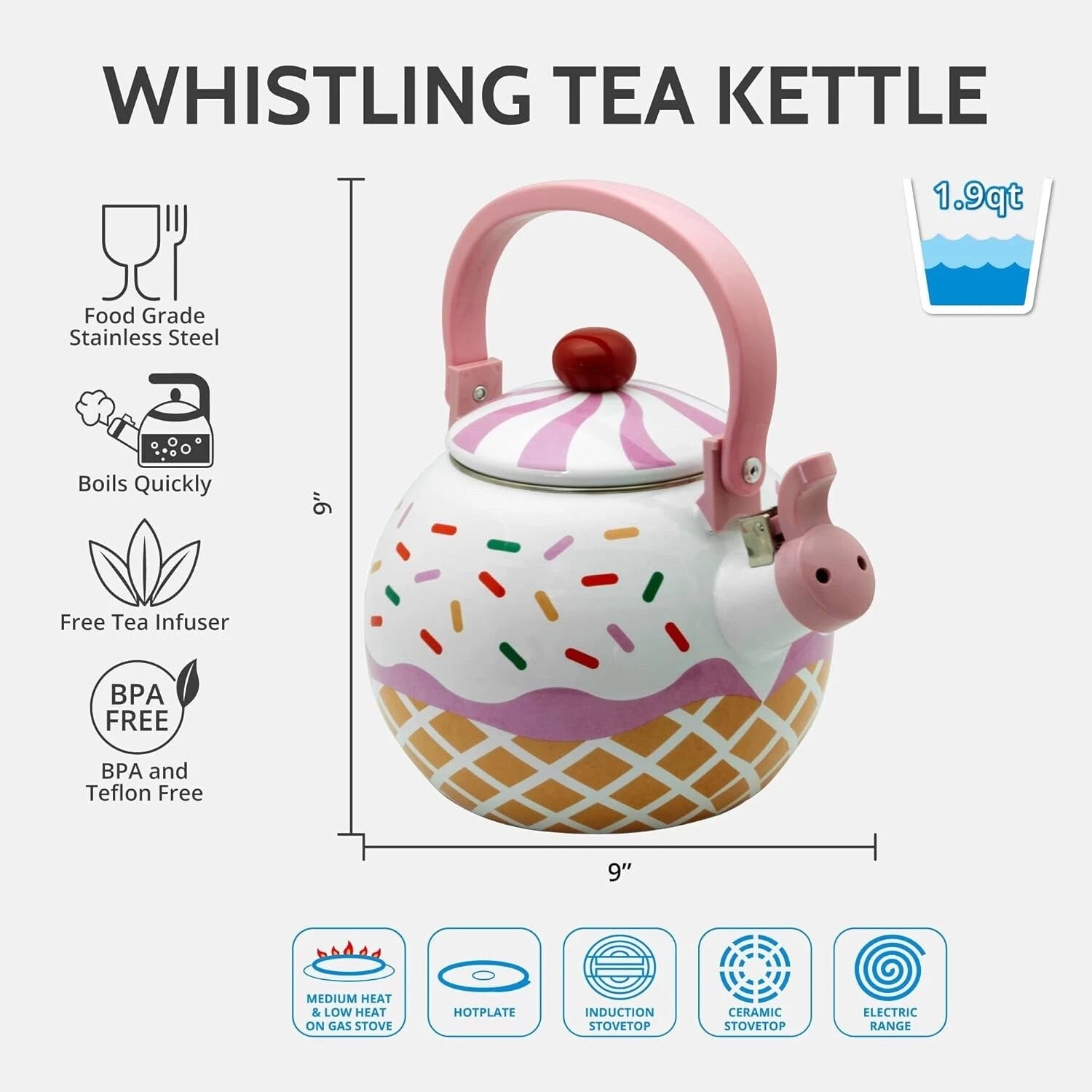 Enameled 1.7 Quart Enamel-on-Steel Whistling Tea Kettle ( Strawberry Cupcake )