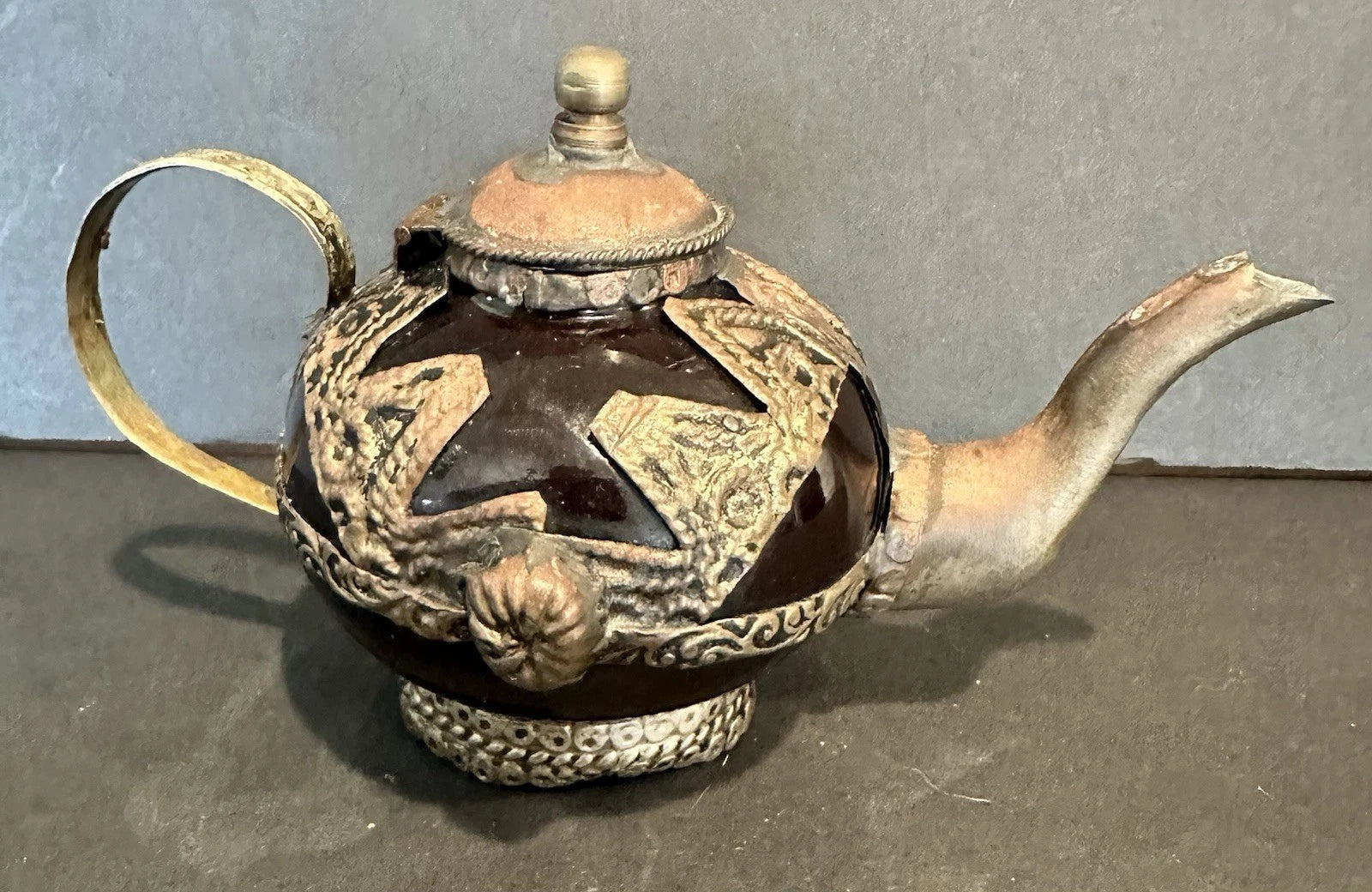 Moroccan Teapot Burnt Orange Ceramic Pottery Brass Accents Small Vintage