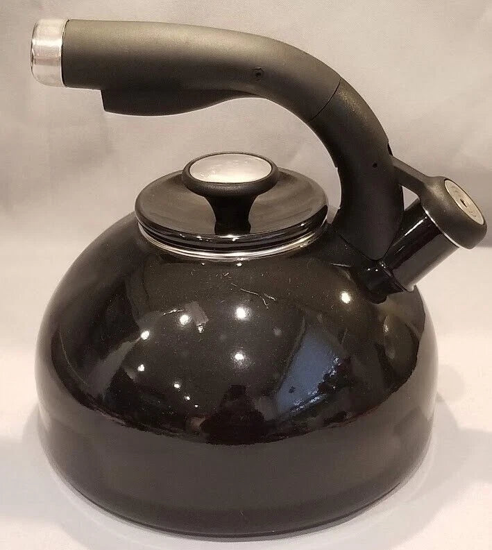 Circulon Whistling Tea Pot Kettle Black Enamel 2 Quart Lid Flip Spout Steel *