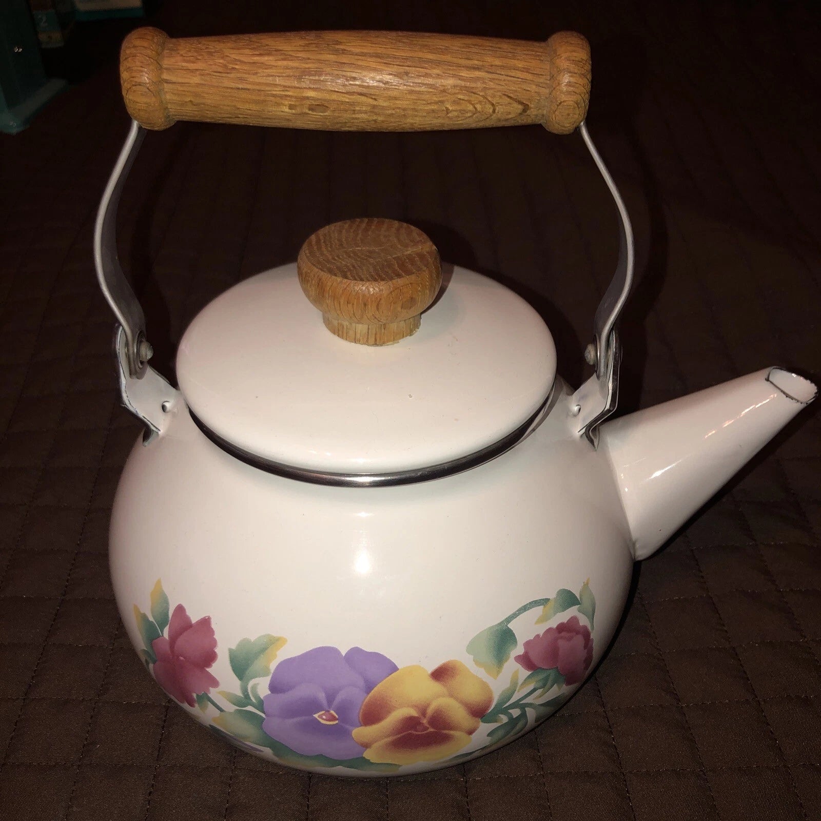 Vintage Enamel Lincoware Tea Pot Kettle White Flowers Pattern Wood  Handles RARE