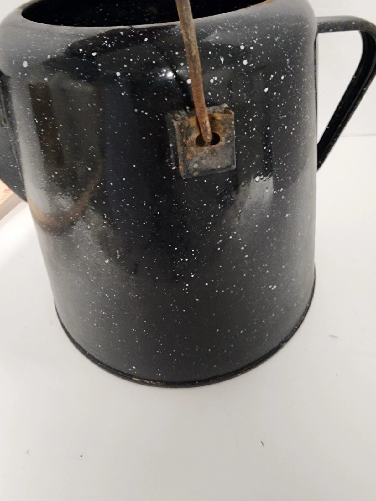 Vintage Enamelware Coffee Tea Pot, Camping Kettle Black Speckled 8” Tall No Lid