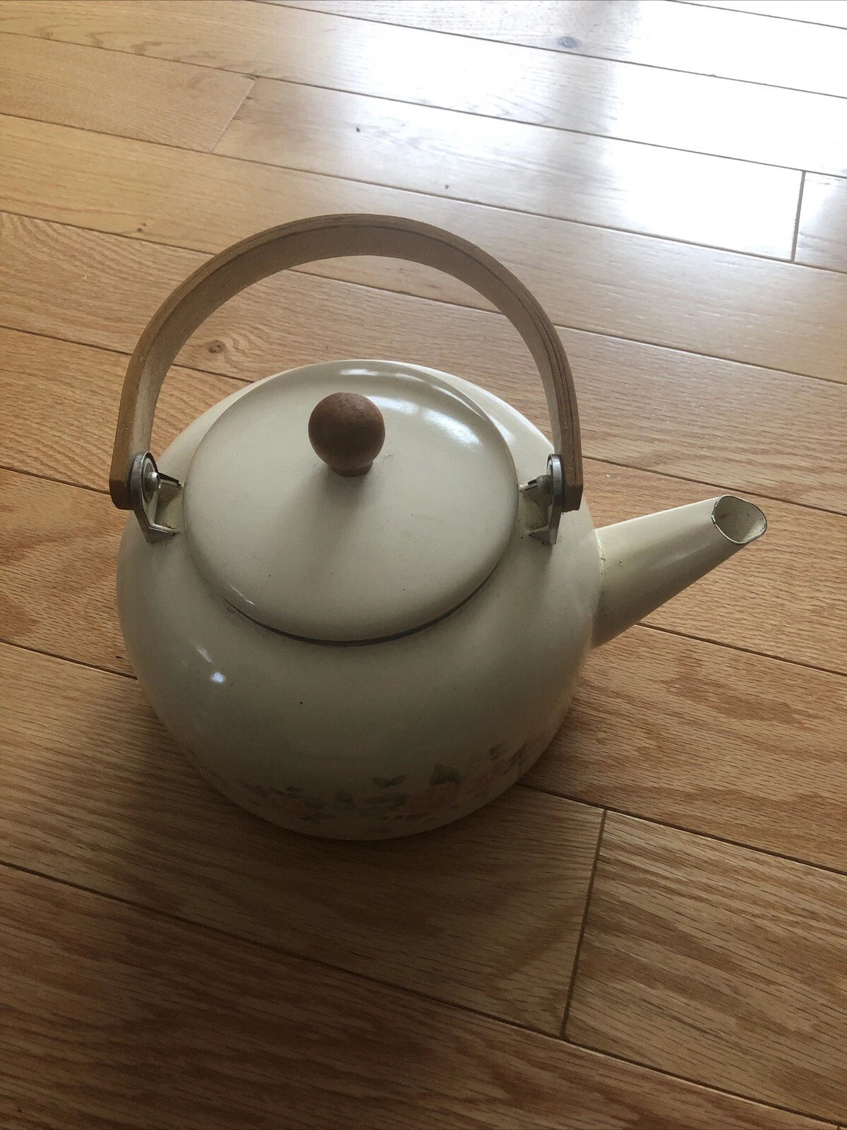 Vintage Cream w/Pastel Floral Metal Kettle Teapot Coated Stovetop Wood Handle